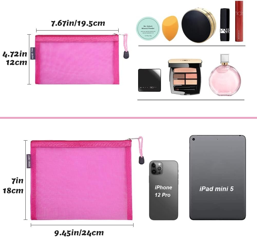 besharppin Mesh Cosmetic Bags, 6 Pack Nylon Makeup Pouches with Zipper for Home Office Purse Diaper Bag (Rose)