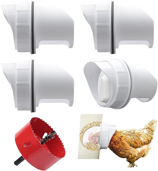 Chicken Feeder Kit, No Waste Waterproof Automatic Poultry Feeder 4 Ports 1 Hole Saw with Covers for Buckets, Bins, Troughs