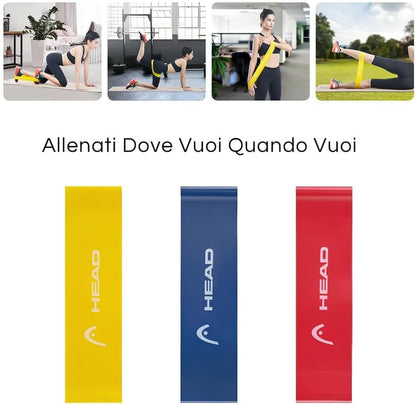 HEAD - Latex Fitness Exercise Bands Kit of 3 Bands and 3 Resistance Levels: 9, 14, 18 kg Usage: Fitness, Strengthening, Warming, Yoga, Pilates, etc. Dimensions: 12 x 3 inches