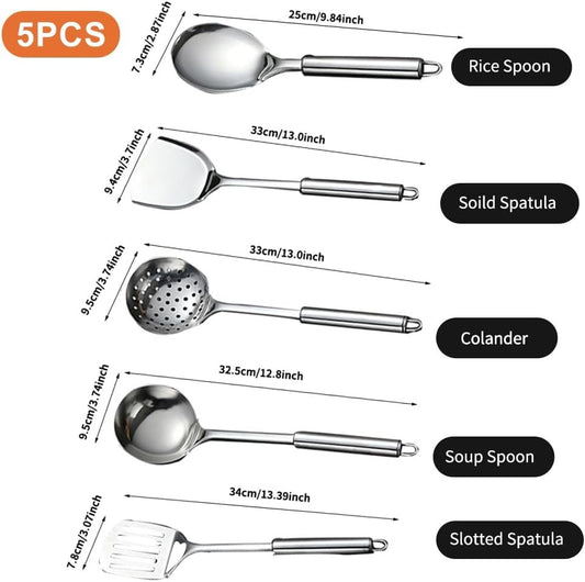 5 Pcs Stainless Steel Kitchen Utensil Set Gadgets Heavy Duty Kitchen Utensils with Spoon, Spatula, Large Spoon, Soup Spoon, Spatula (Silver)