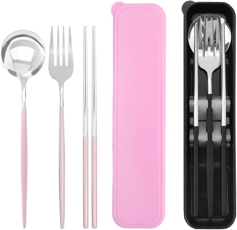 JEPELUS 2Pcs Stainless Steel Utensils Set for Lunch Box, Reusable Cutlery Set with Case for Adult Camping School Picnic Office Work, Potable Travel Cutlery Utensil Mute Dishwasher Safe(Black,Pink)