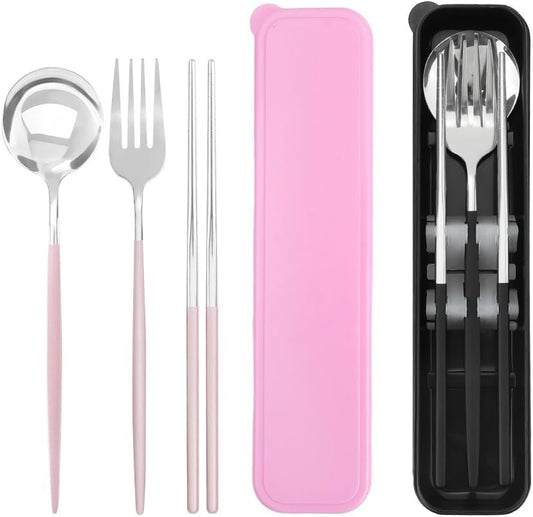 JEPELUS 2Pcs Stainless Steel Utensils Set for Lunch Box, Reusable Cutlery Set with Case for Adult Camping School Picnic Office Work, Potable Travel Cutlery Utensil Mute Dishwasher Safe(Black,Pink)