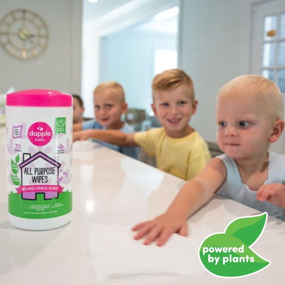All Purpose Wipes by Dapple Baby, Hypoallergenic Cleaning Wipes Powered by Plants, Hint of Lavender, 75 Count Canister (Pack of 2) + 30 Count (Pack of 2)