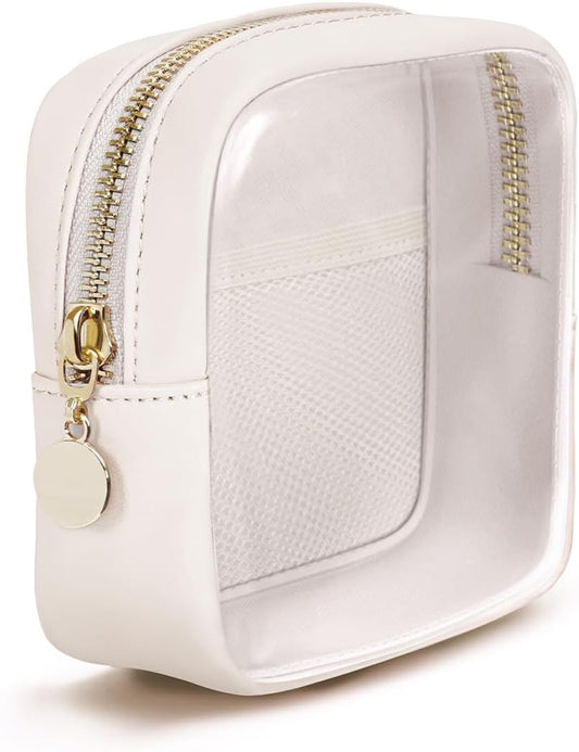Wandering Nature Clear Makeup Bag for Purse Mini Make up Cute Cosmetic Bag Pouch for Women with Slip-in Pockets Travel Toiletry Essentials Eco Vegan Leather Organizer Bags(Patent Pending), Beige,