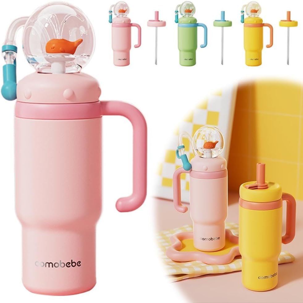 24oz Stainless Steel Whale Fountain Tumbler with Handle,Whale Water Bottle with Fun Fountain Effect,Two Lids,Drinking Cup with Whale Squirt for Kids,Teens,Adult,Dishwasher Safe