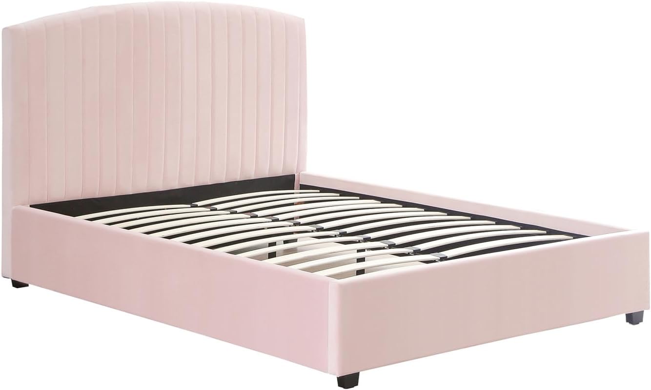 Pink Velvet Upholstery Quality Slats Metal Structure Bed Frame in Double Size
