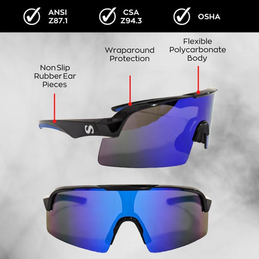Sunneys Safety Sunglasses, Rangers, Wraparound, ANSI, Z87+, Non-Slip, Anti Fog, Black Frame/Mirror Lens, Case included, Shooting, Cycling, Travelling, Anti Pollen Goggles, Eye Protection (black, blue)