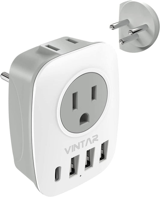 Israel Power Adapter, VINTAR Type H Travel Plug Adapter with 1 USB C, 2 American Outlets and 3 USB Ports, 6 in 1 International Power Adapter for Canada to Israel,Jerusalem,Palestine(Type H)