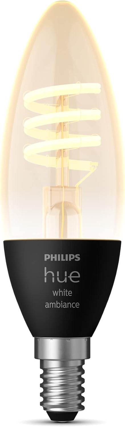 Philips Hue Filament Candle White Ambiance LED Smart Light Bulb E14 Small Edison Screw 4.9W for Indoor Home Lighting. Bedroom