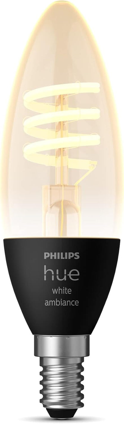 Philips Hue Filament Candle White Ambiance LED Smart Light Bulb E14 Small Edison Screw 4.9W for Indoor Home Lighting. Bedroom