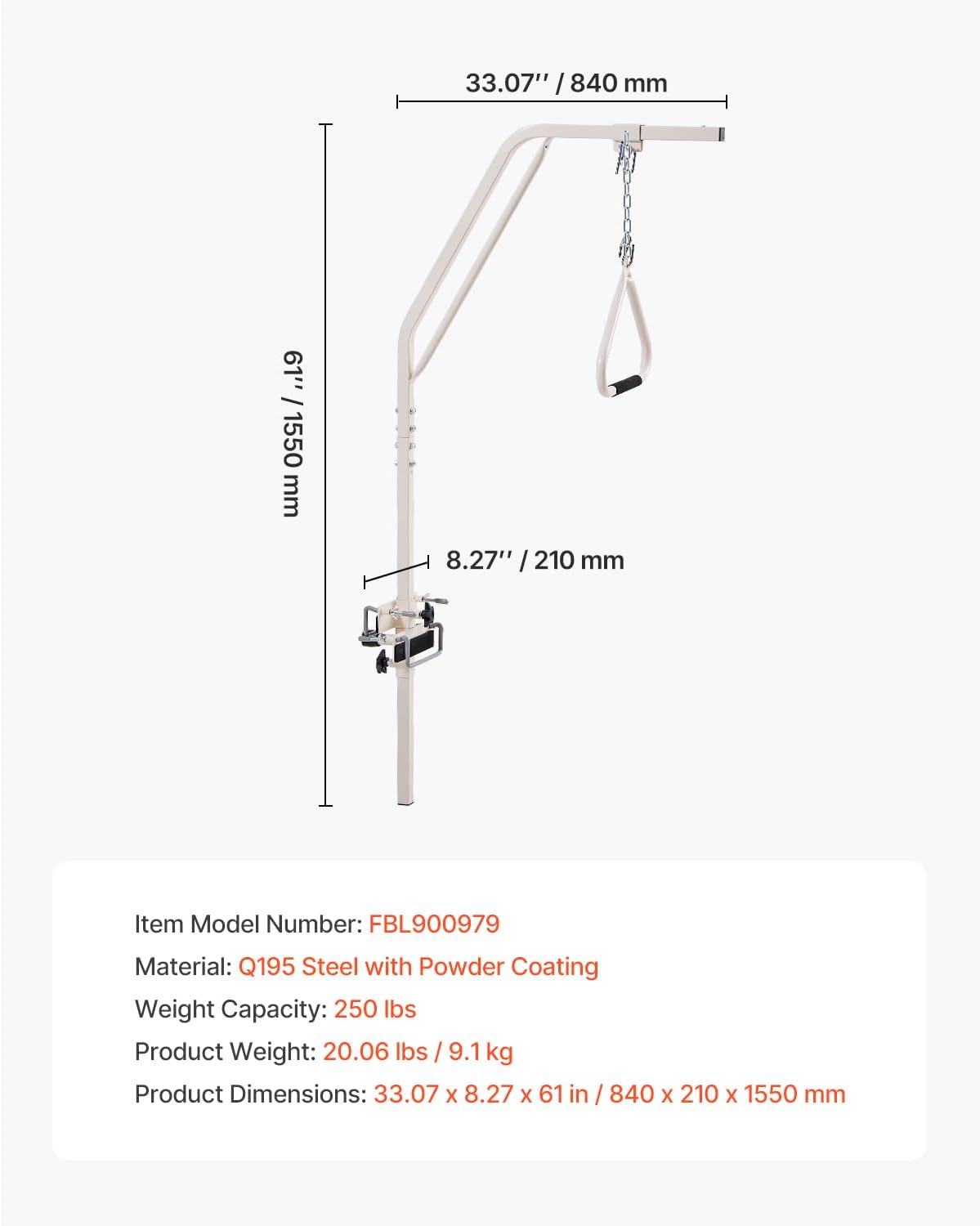 VEVOR Mobility Bed Trapezoid Bar with Clamps and Metal Chain, Assistance Bar for Elderly and Disabled - Ideal for Home Care, Hospitals, Nursing Homes