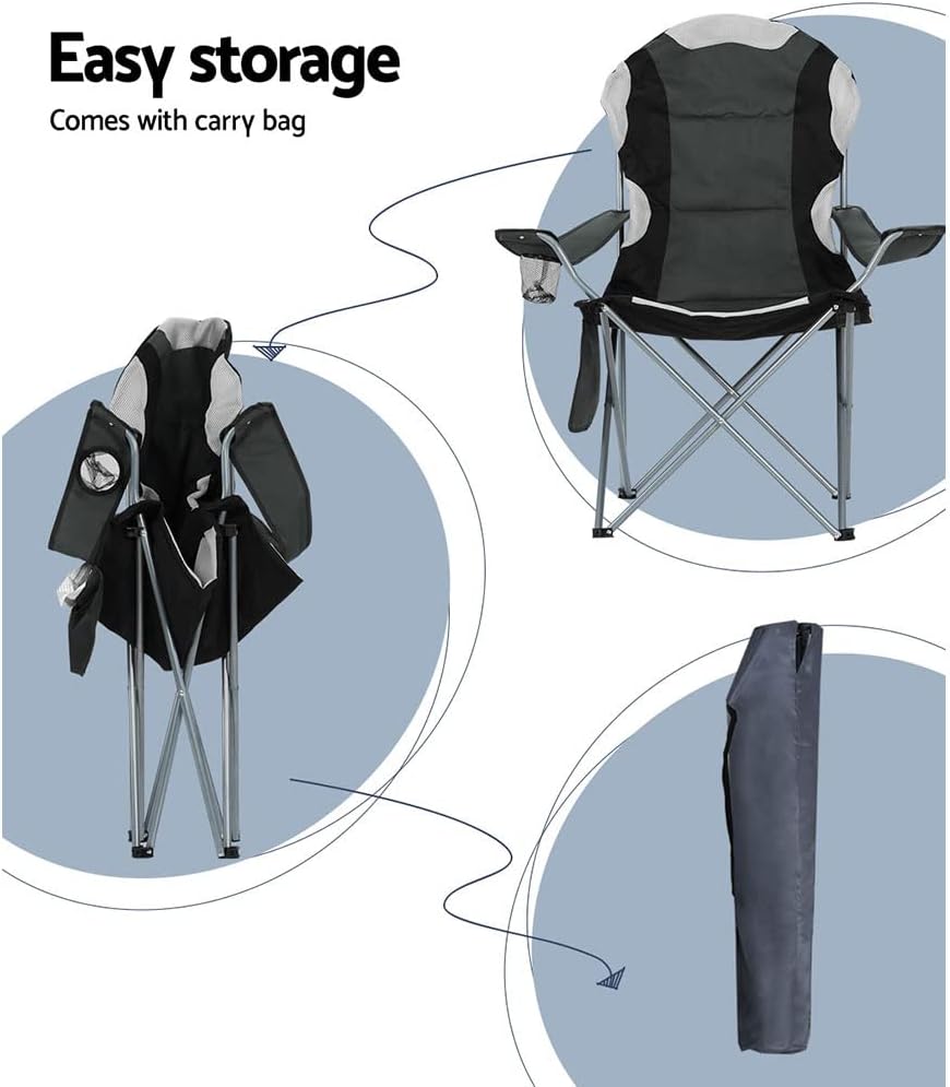 Weisshorn Set of 2 Camping Chairs, Outdoor Armchair Lounge Beach Chair Portable Folding Lightweight Camp Lounger Travel Hiking Fishing Picnic Gear, with Carry Bag Drink Holder Foldable Grey