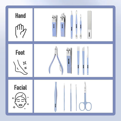 Sawanork Manicure Set, Nail Clippers Pedicure Kit, 16 Pieces Stainless Steel Manicure Kit, Personal Nail Care Tools, Professional Grooming Kits with Travel Leather Case for Thick Nails (Blue)