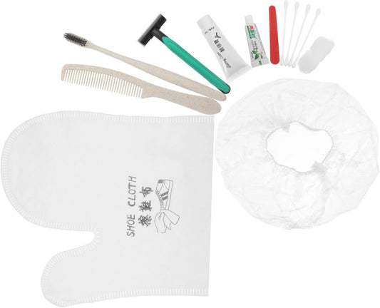 OATIPHO 1 Set Disposable Hotel Toiletries Kit Travel Essentials with Toothbrush Comb Shaving Razor Shower Cap Shoe Cleaning Cloth Random Color for Hotels Travel and Stays Random Color
