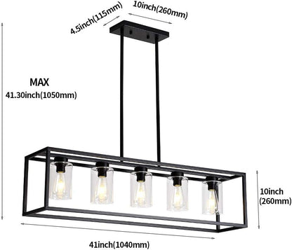 USOR 5 Lights Chandelier Hanging Light Fixture Morden Rectangle Pendant Lights with Clear Glass Shade Fashionable Ceiling Light for Dining Room Kitchen Island Black Color