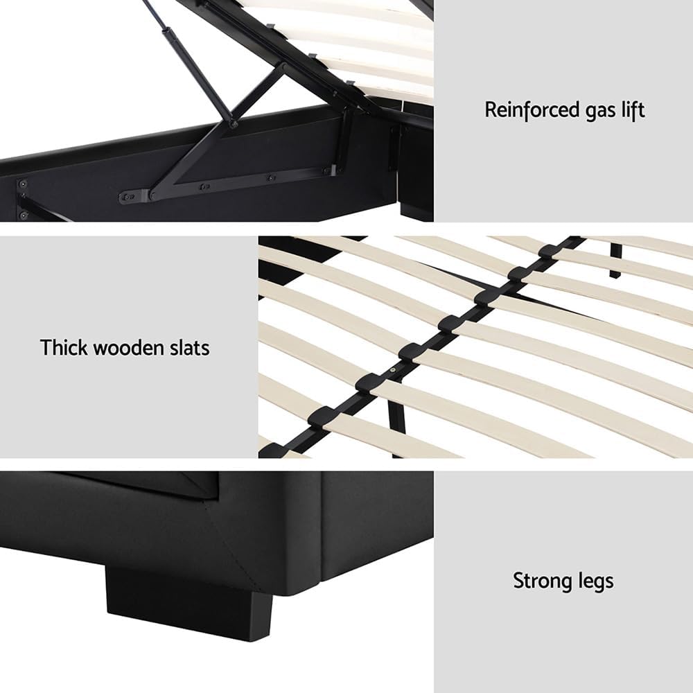 Artiss Queen Bed Frame Platform Tufted Headboard Frames Gas Lift Beds Base with Storage Space Bedroom Room Decor Home Furniture, Upholstered with Black PVC Leather + Foam + Wood