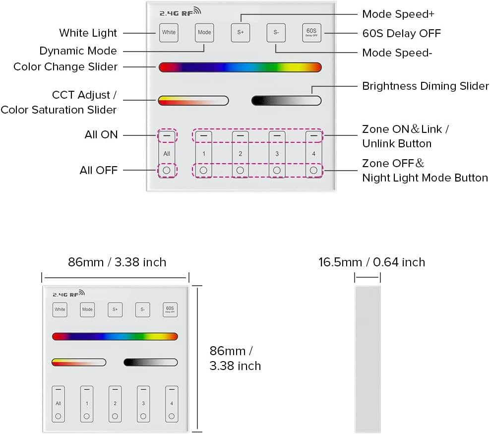 BTF-LIGHTING WR01RF Wireless 2.4G RF 4 Zones RGB RGBW RGBCCT Wall Mounted Smart Panel Remote Powered by 2XAAA Batteries 3V Work with DR03W DR04W WB5 LM052 C03RF C04RF C05RF C03W C04W C05W Controller