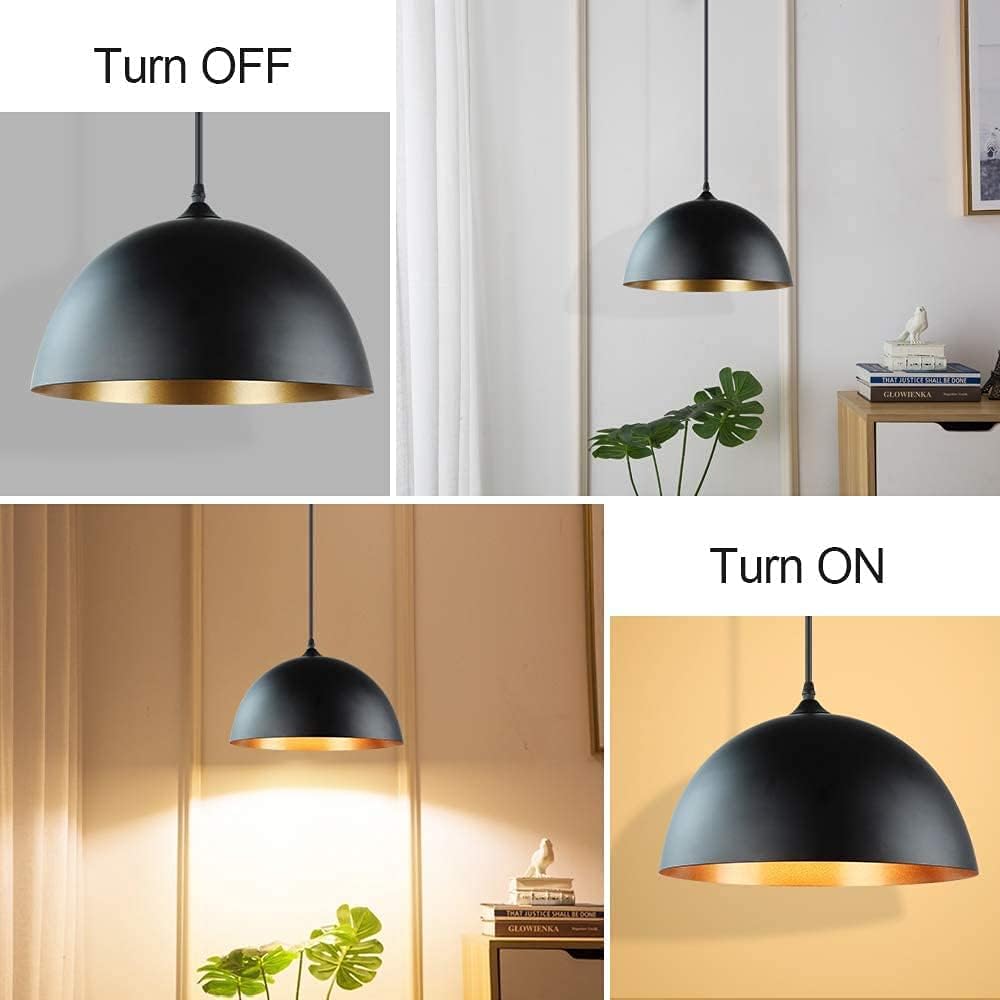 Depuley Kitchen Pendant Light, 2 Packs Industrial Ceiling Lighting Fixture with Metal Dome Lamp Shade, Hanging Lamp for Restaurant, Dining Room, Living Room, Coffee, Bar, Black and Gold