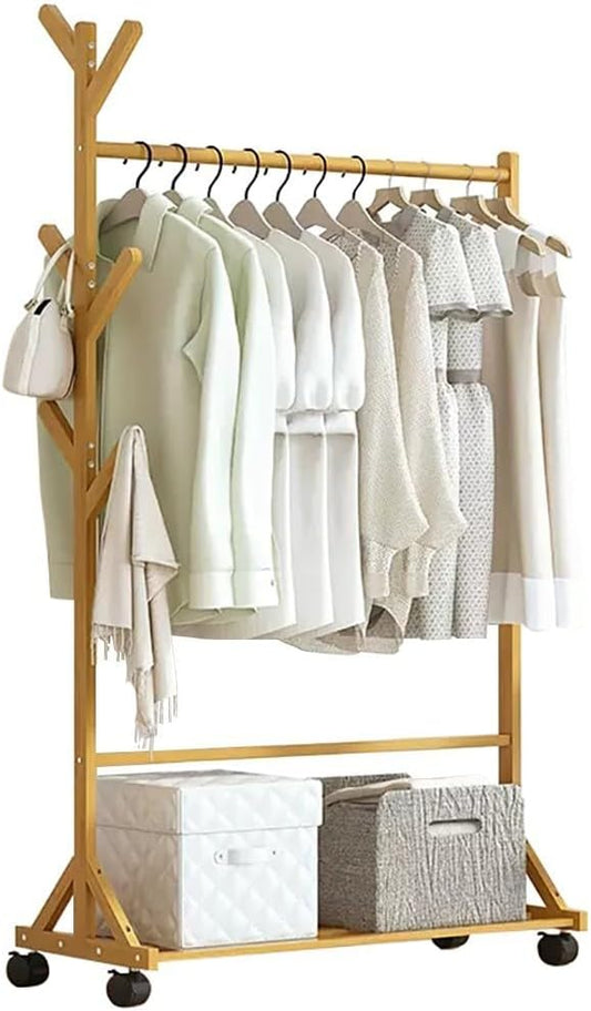 Generico Appendiabiti in bambù Resistente con Ruote e vano portascarpe - Supporto per Abiti Mobile per Camera da Letto, gruccia con Barre Appendiabiti, Organizer Elegante e Funzionale