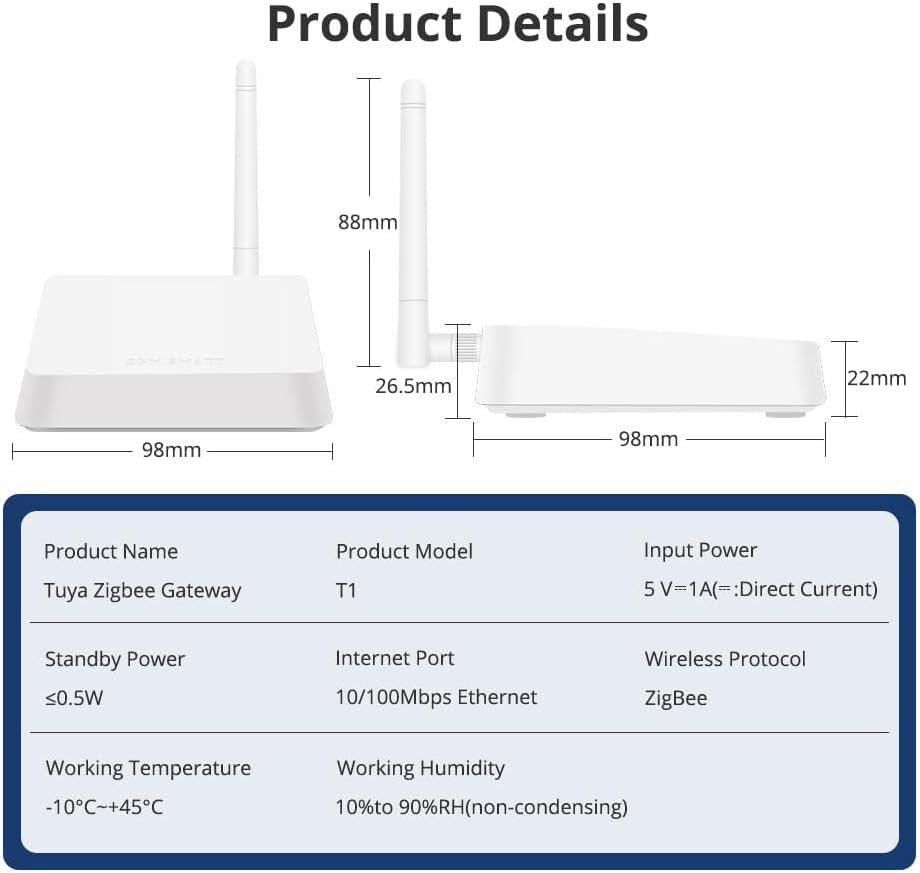 Tuya Zigbee 3.0 Hub Gateway with Antenna for Smart Home Automation, Compatible with Alexa/Google Home, Work with Tuya ZigBee Smart Devices