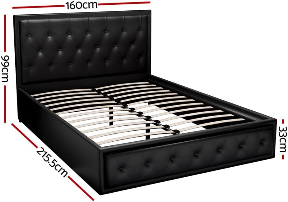 Artiss Queen Bed Frame Platform Tufted Headboard Frames Gas Lift Beds Base with Storage Space Bedroom Room Decor Home Furniture, Upholstered with Black PVC Leather + Foam + Wood