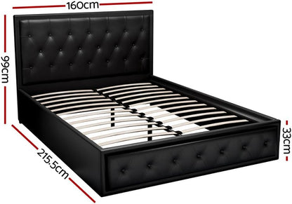 Artiss Queen Bed Frame Platform Tufted Headboard Frames Gas Lift Beds Base with Storage Space Bedroom Room Decor Home Furniture, Upholstered with Black PVC Leather + Foam + Wood