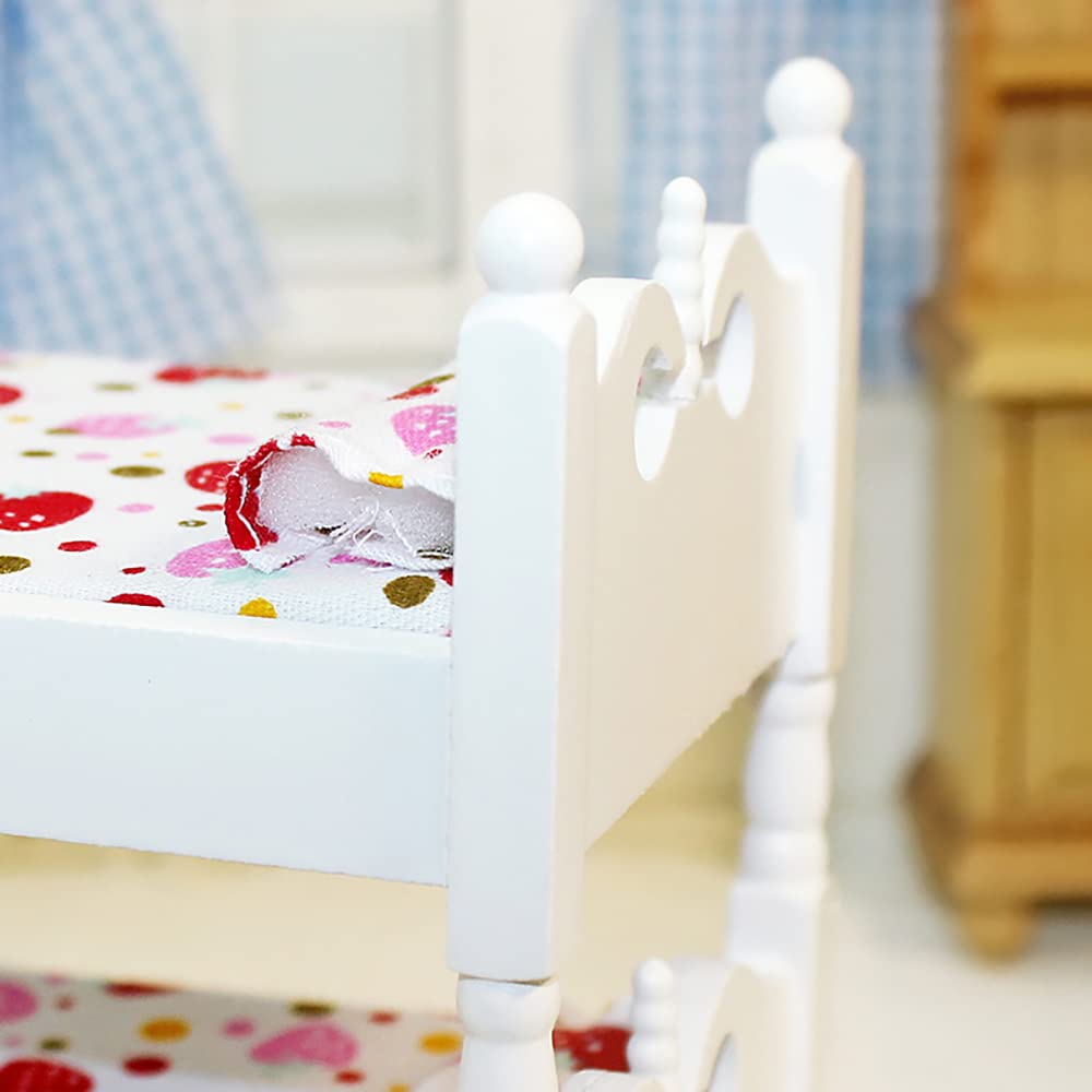 WANGCL Doll Bed 1/12 Miniature Bunk Bed Wooden Dollhouse Furniture for Barbie Dolls Bed Decoration - Strawberry Pattern