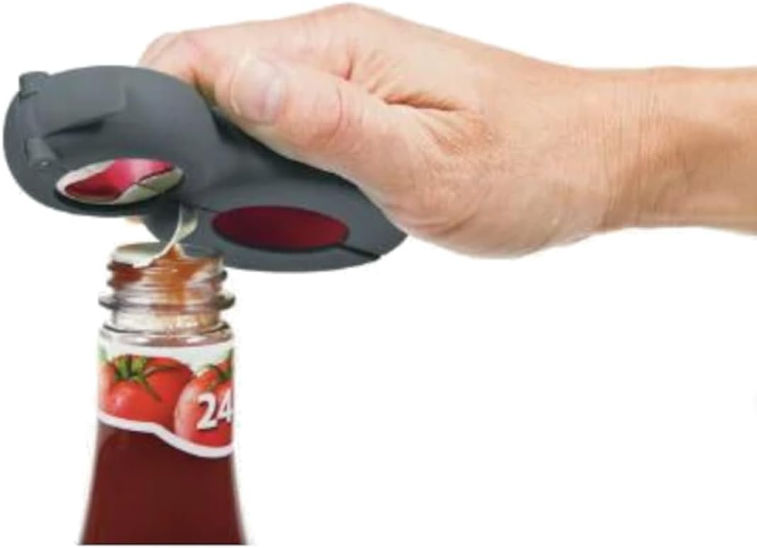 Progressive Prepworks 6-in-1 Multi Opener - Ultimate Kitchen Essential with Soft Grip Coating, Versatile Opening of Jars, Bottles, Soda Caps, Safety Seals, and Pull Tabs, Ergonomic Handle - Black/Red