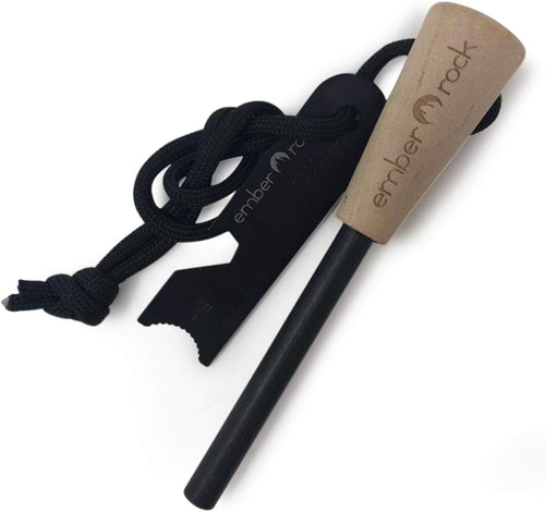Ember Rock Survival Fire Steel - Premium Magnesium Ferrocium Rod Firesteel - Includes Flint Striker Multi Tool & Chunky Wooden Handle for Superior Grip - Essential Fire Starter Camping Survival Kit