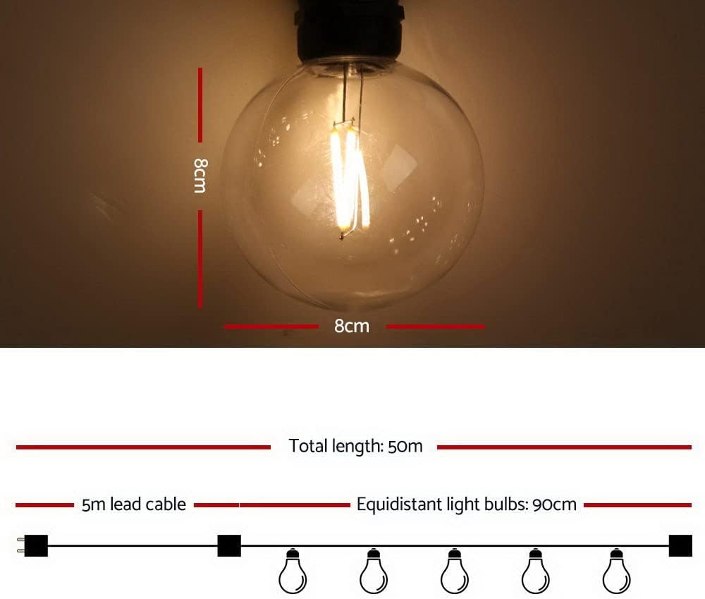 Jingle Jollys Festoon Lights Outdoor 50M Warm White Fairy String Light with 50 LED Bulbs, Christmas Decoration Garden Party Wedding Yard Decorations Lighting Strip Bulb, IP44 Waterproof and Corded