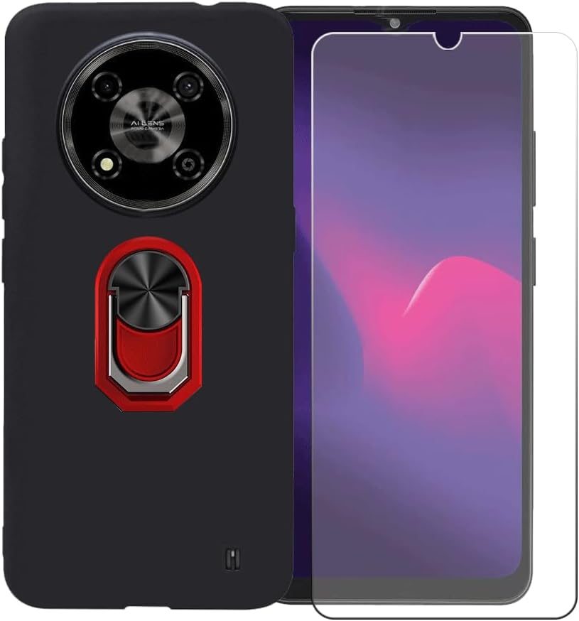 FZZSZS Case for ZTE Optus X Pro 5G (6.52") + Screen Protector Tempered Glass,Soft Gel TPU Silicone Protection Cover with Red Kickstand 360 Ring Holder Black Phone Case