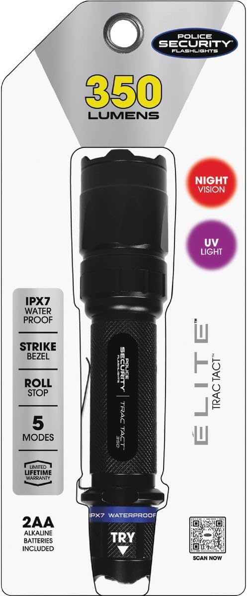 Police Security Trac Tact 2AA Flashlight LED - 280 Lumen - Tactical - Red Night Vision - Violet Blood Tracking - Weather Resistant - High/Low/Flash/Violet/Red