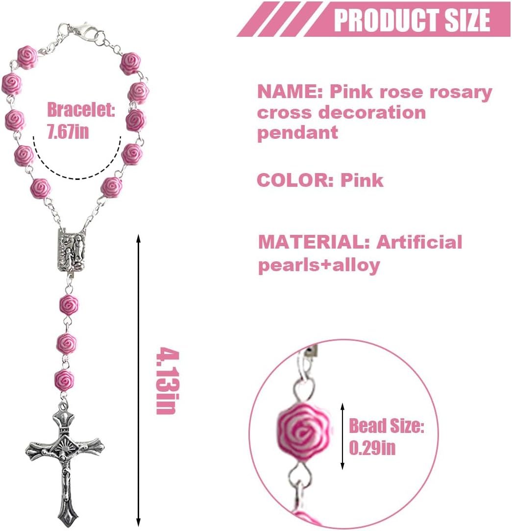 Smilfuy 2PCS Car Rosary, Pink Rosary Pendant, Car Interior Rear View Mirror Charm, Auto Decors, Cross Personalized Hanging Accessories for Women Men (Rose)