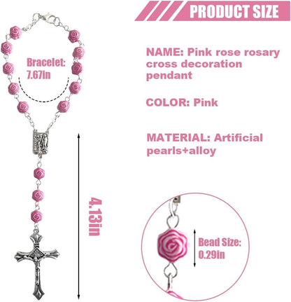 Smilfuy 2PCS Car Rosary, Pink Rosary Pendant, Car Interior Rear View Mirror Charm, Auto Decors, Cross Personalized Hanging Accessories for Women Men (Rose)
