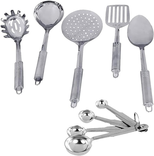 Kosma 9 Piece Stainless Steel Kitchen Utensil Set, 5 Kitchen Gadgets and 4 Measuring Spoons | Kitchen Utensil Set