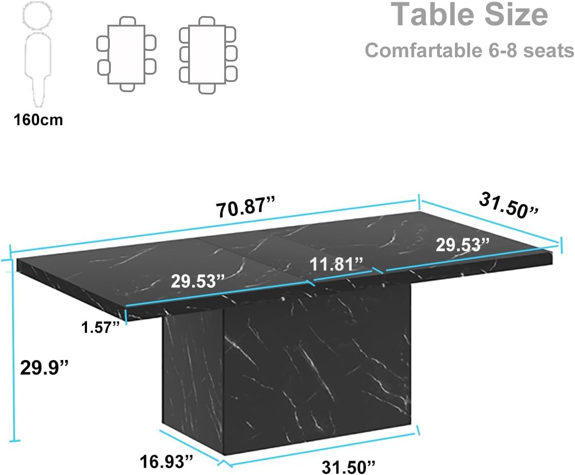 HSH 71” Black Dining Table for 6-8, Rectangle Modern Faux Marble Dinner Table, Large Dining Room Table for Kitchen Living Room, Industrial Wood Kitchen Table with Sturdy Base, Black, 71 Inch