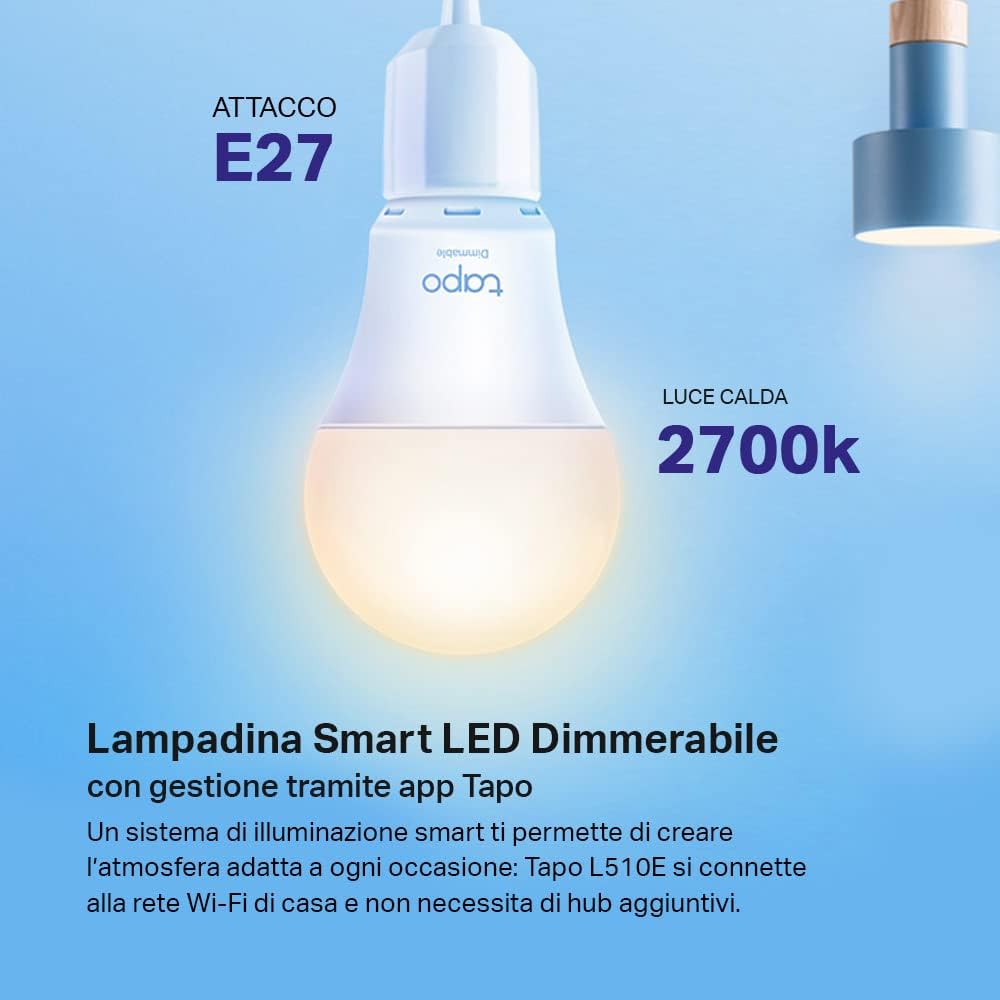 Tapo L510E Wi-Fi E27 Bulb, Works with Amazon Alexa and Google Home, 806 Lumens, 9W, Warm Yellow 1% to 100% Dimmable, 2700K, Remote Control, Pack of 2