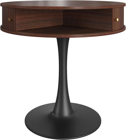 Dining Table Round for 2 Persons, 31.5 Inch Round Table with Metal Pedestal, Seamless Tabletop with Faux Woodgrain, 2 Sliding Doors, 4 Hidden Compartments, for Small Spaces, Apartments, Cafes, Walnut