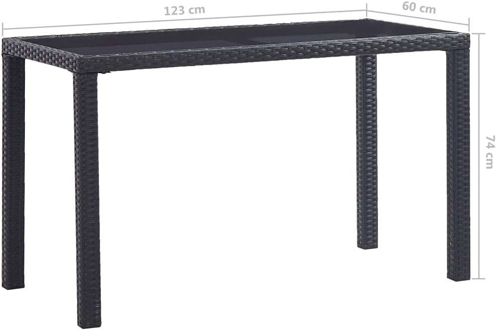 vidaXL Garden Table - Black, Stylish Outdoor Dining Table with Glass Tabletop, PE Rattan and Steel Frame, 123x60x74 cm