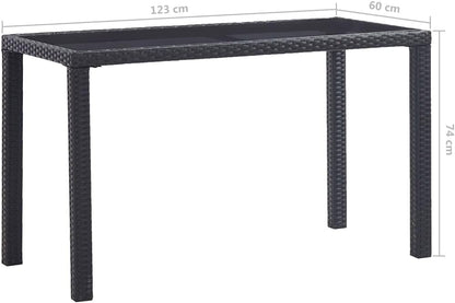 vidaXL Garden Table - Black, Stylish Outdoor Dining Table with Glass Tabletop, PE Rattan and Steel Frame, 123x60x74 cm