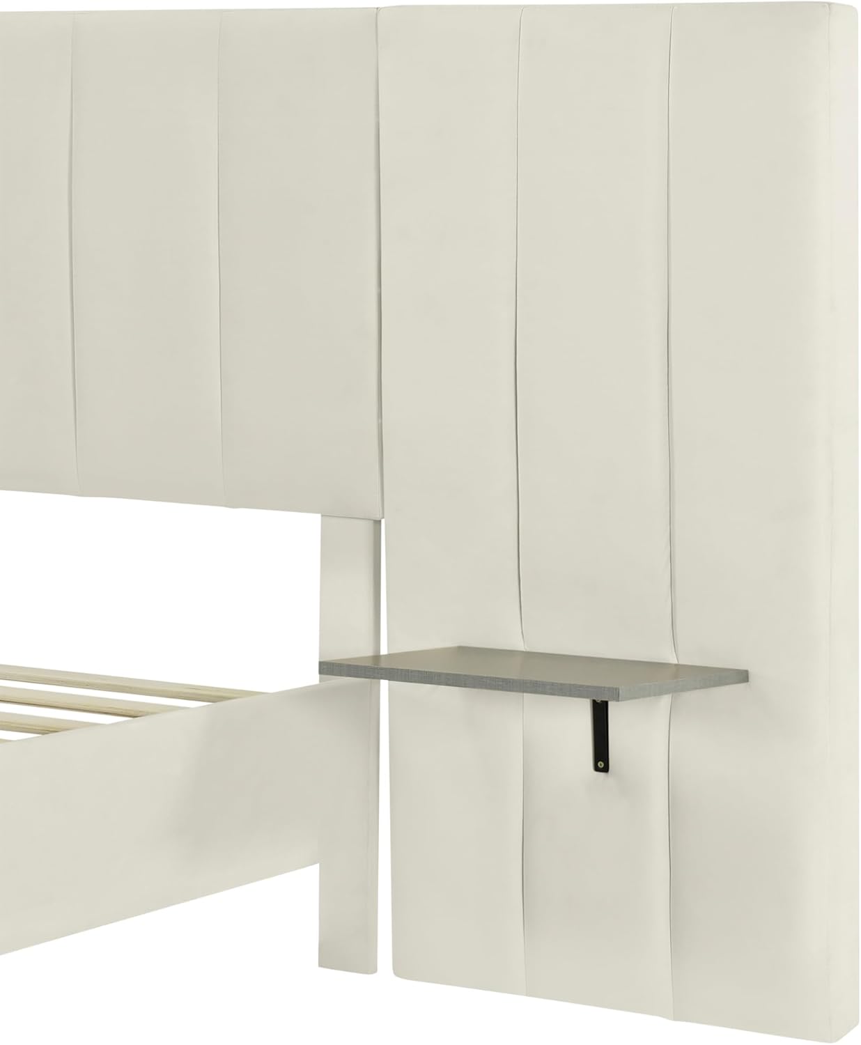 Moimhear Upholstered Bed, 160 x 200 cm, Double Bed with Extended Headboard and Backrest, Shelves on Both Sides of Headboard, Boys Velour Bed (Beige)