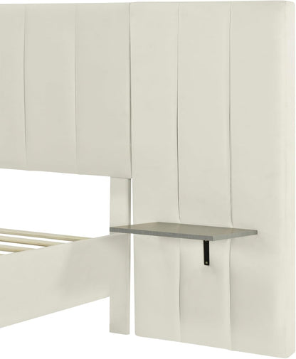 Moimhear Upholstered Bed, 160 x 200 cm, Double Bed with Extended Headboard and Backrest, Shelves on Both Sides of Headboard, Boys Velour Bed (Beige)