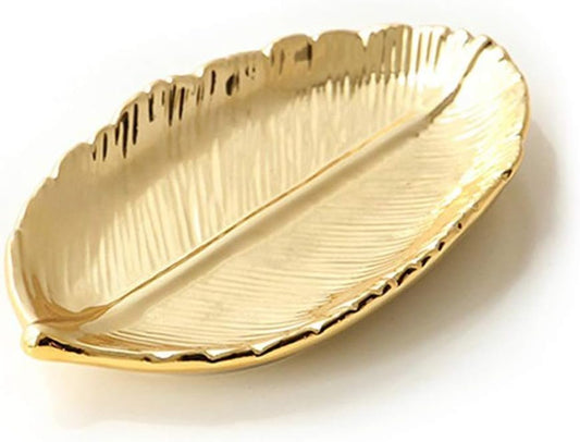 LEPENDOR Ceramic Jewellery Tray Jewelry Display Ring Plate Organizer for Keys Phone Jewelry Watch Wallet Trinket (Gold Leaf)