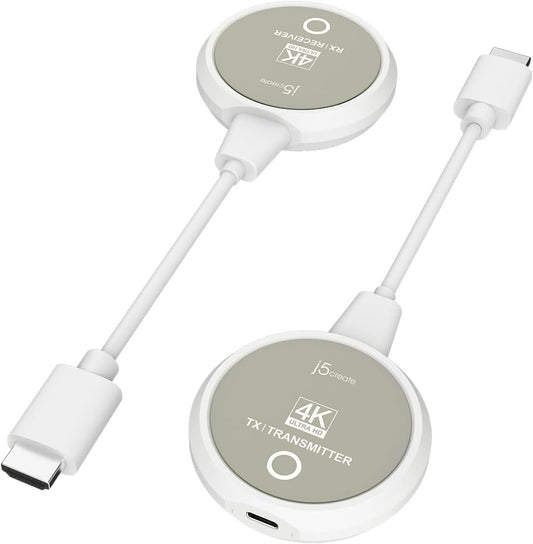 j5create ScreenCast 4K Wireless HDMI Transmitter and Receiver, Wireless HDMI Extender, Support 4K30Hz / 1080p60Hz, 2.4/5GHz, for Laptop/PC/Player to HDTV/Projector (JVAW75)