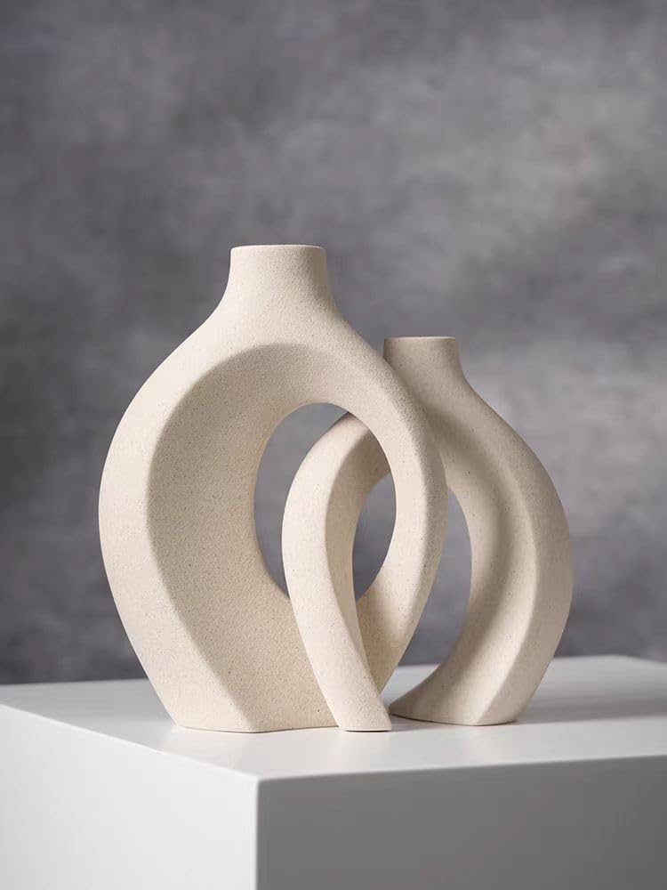 TINCTOTNIC Ceramic Vases for Living Room Decor, Set of White Vases with Handles, DIY Home Decor Accents