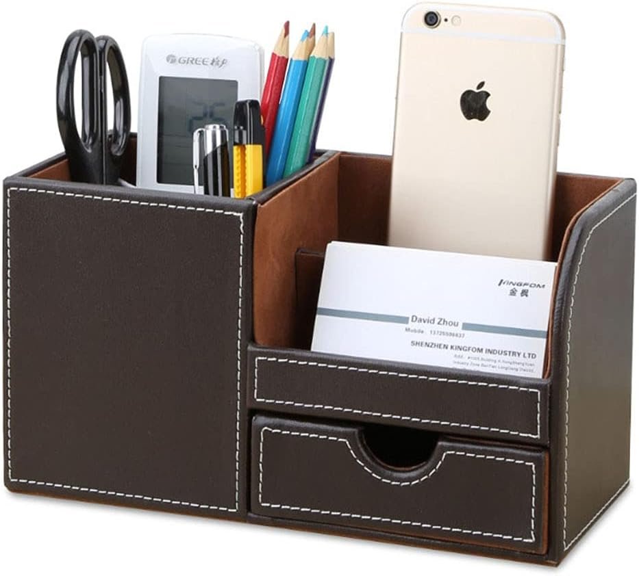 KINGFOM Wooden Struction Leather Multi-function Desk Stationery Organizer Storage Box Pen/Pencil,Cell phone, Business Name Cards Remote Control Holder with Small Drawer Brown