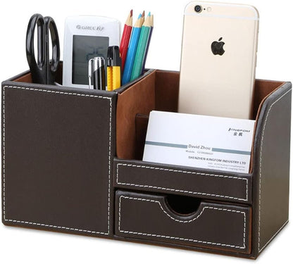 KINGFOM Wooden Struction Leather Multi-function Desk Stationery Organizer Storage Box Pen/Pencil,Cell phone, Business Name Cards Remote Control Holder with Small Drawer Brown