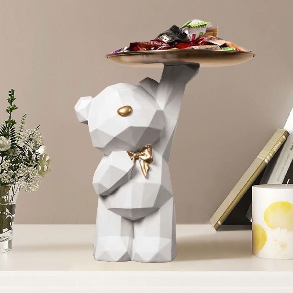 Starnearby Statua Orso Geometrico con Vassoio, Svuotatasche da Ingresso Design, Vassoio Portachiavi Ingresso, Ciotola per Chiavi, Statuetta con Vassoio Figurina Orso