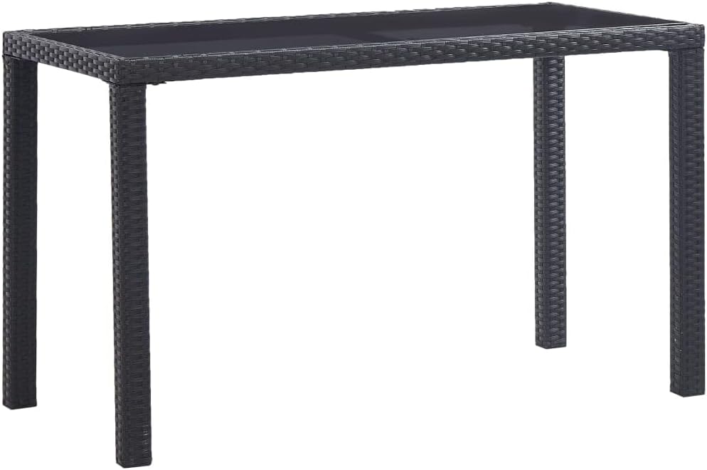 vidaXL Garden Table - Black, Stylish Outdoor Dining Table with Glass Tabletop, PE Rattan and Steel Frame, 123x60x74 cm