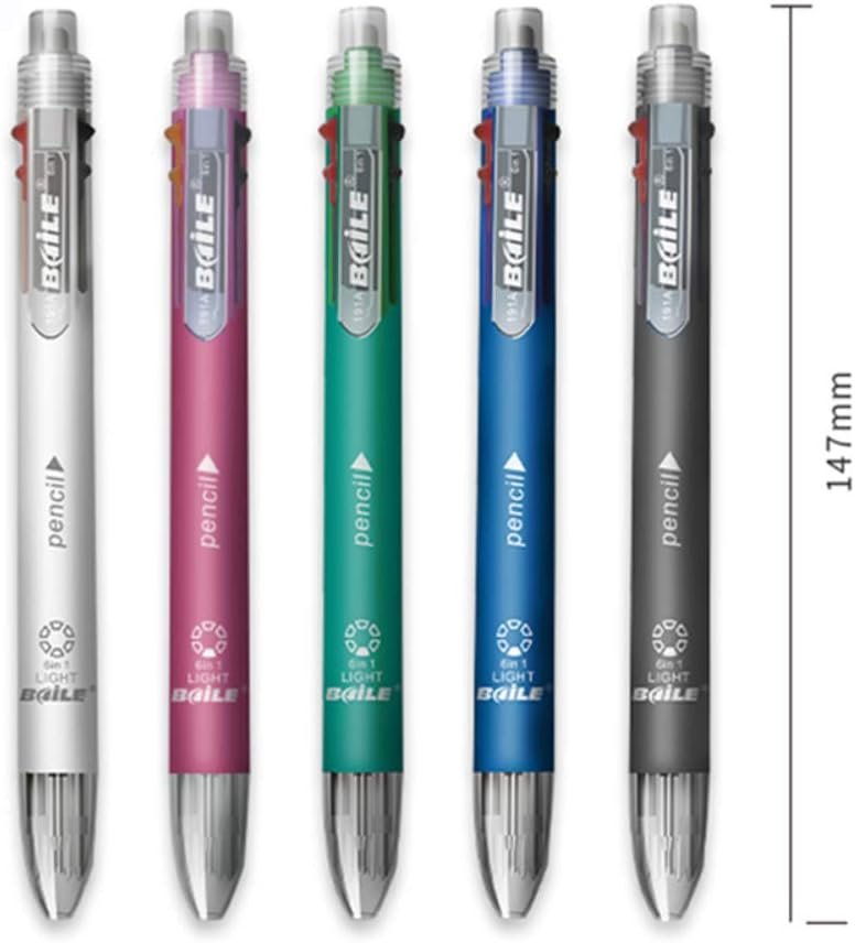 6 in 1 Multicolor Ballpoint Pens 5 Colors Ball Pen 1 Automatic Pencil with Eraser for School Office Writing Supplies Stationery